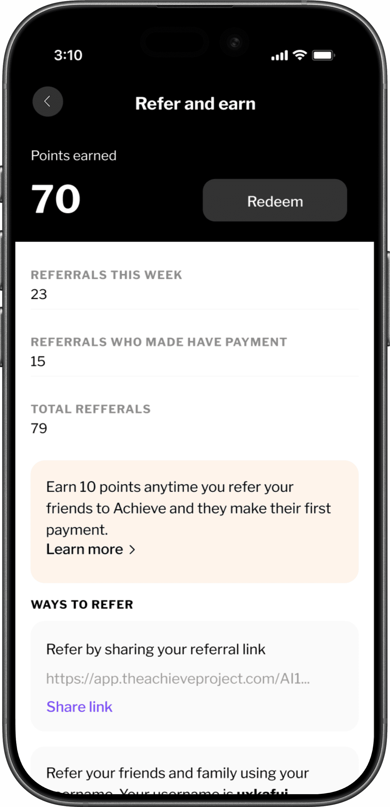 Achieve app Refer and earn screen