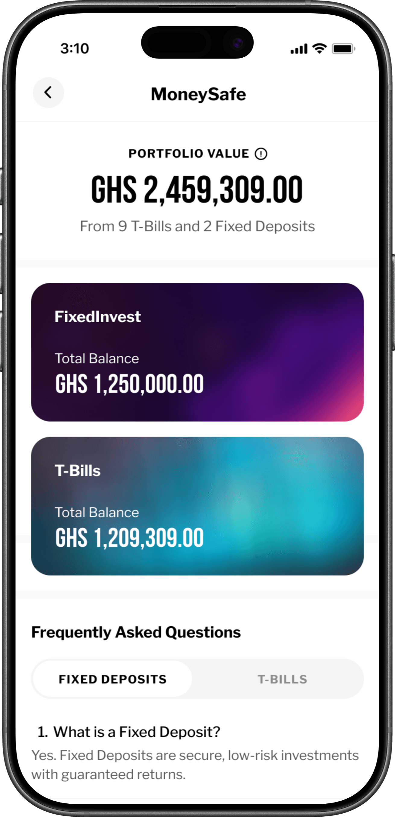 Achieve app MoneySafe portfolio screen