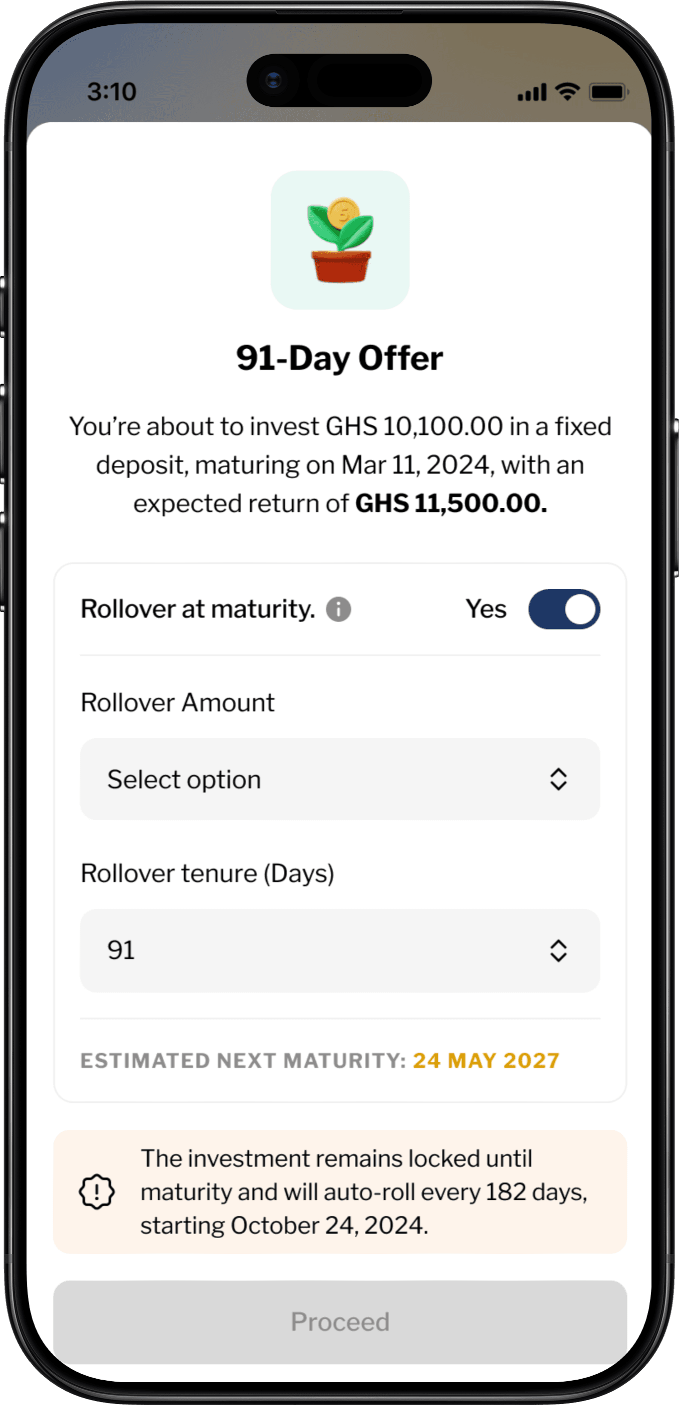 Achieve 91-day offer rollover screen