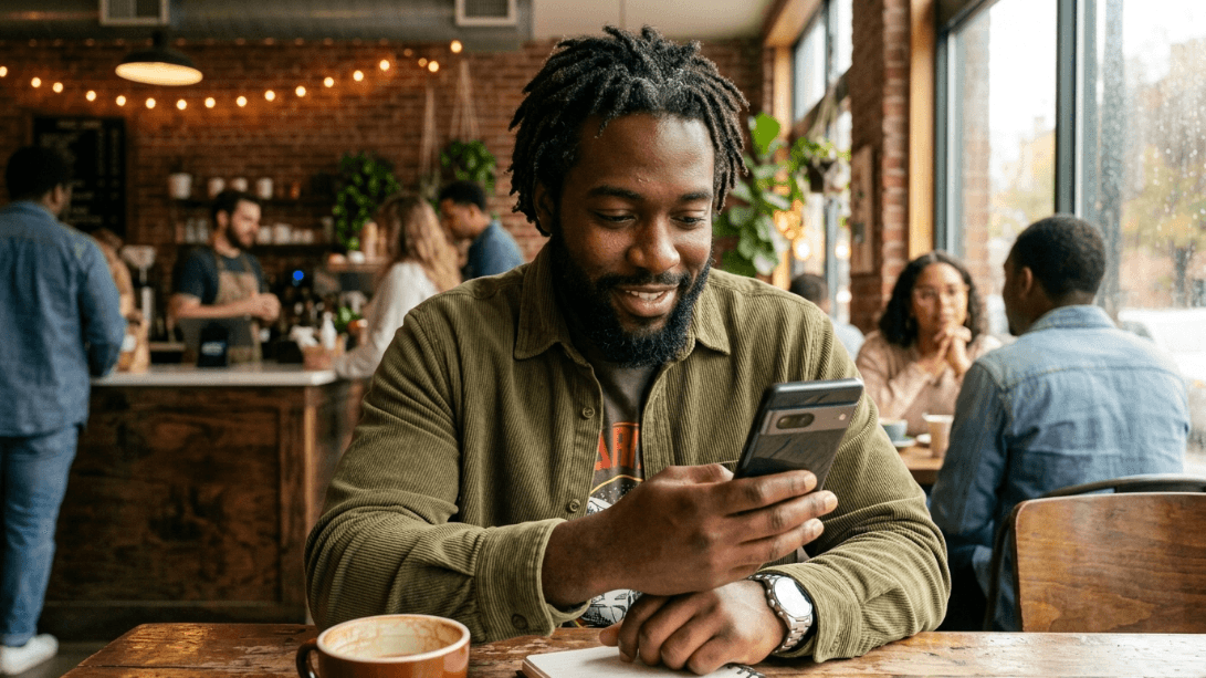 A man using his phone in a café